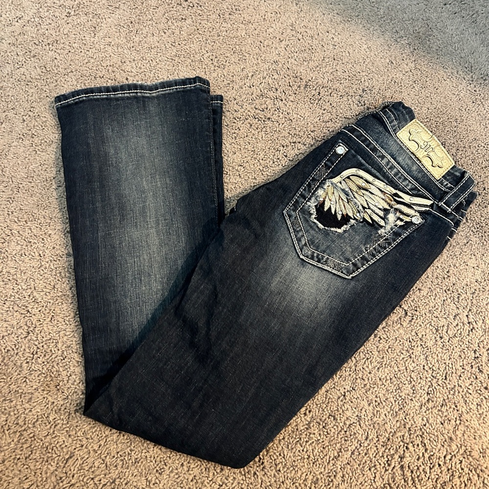 Miss Me Dark Blue Boot Cut Jeans with Silver Embellishments